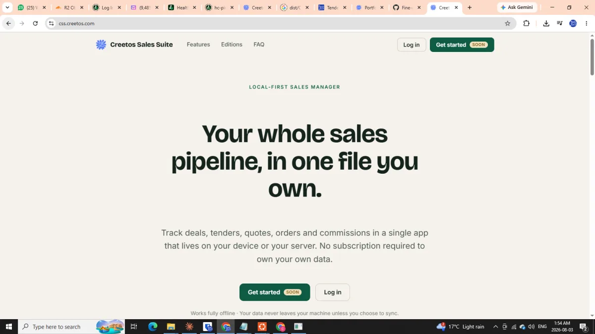 Creetos Sales Suite app showing sales pipeline, quotes, invoices and commission tracking